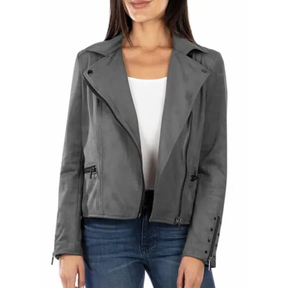KUT FROM THE KLOTH Faux Suede Eveline Jacket Gray Women's Sz M Moto Biker Grunge - Picture 1 of 11